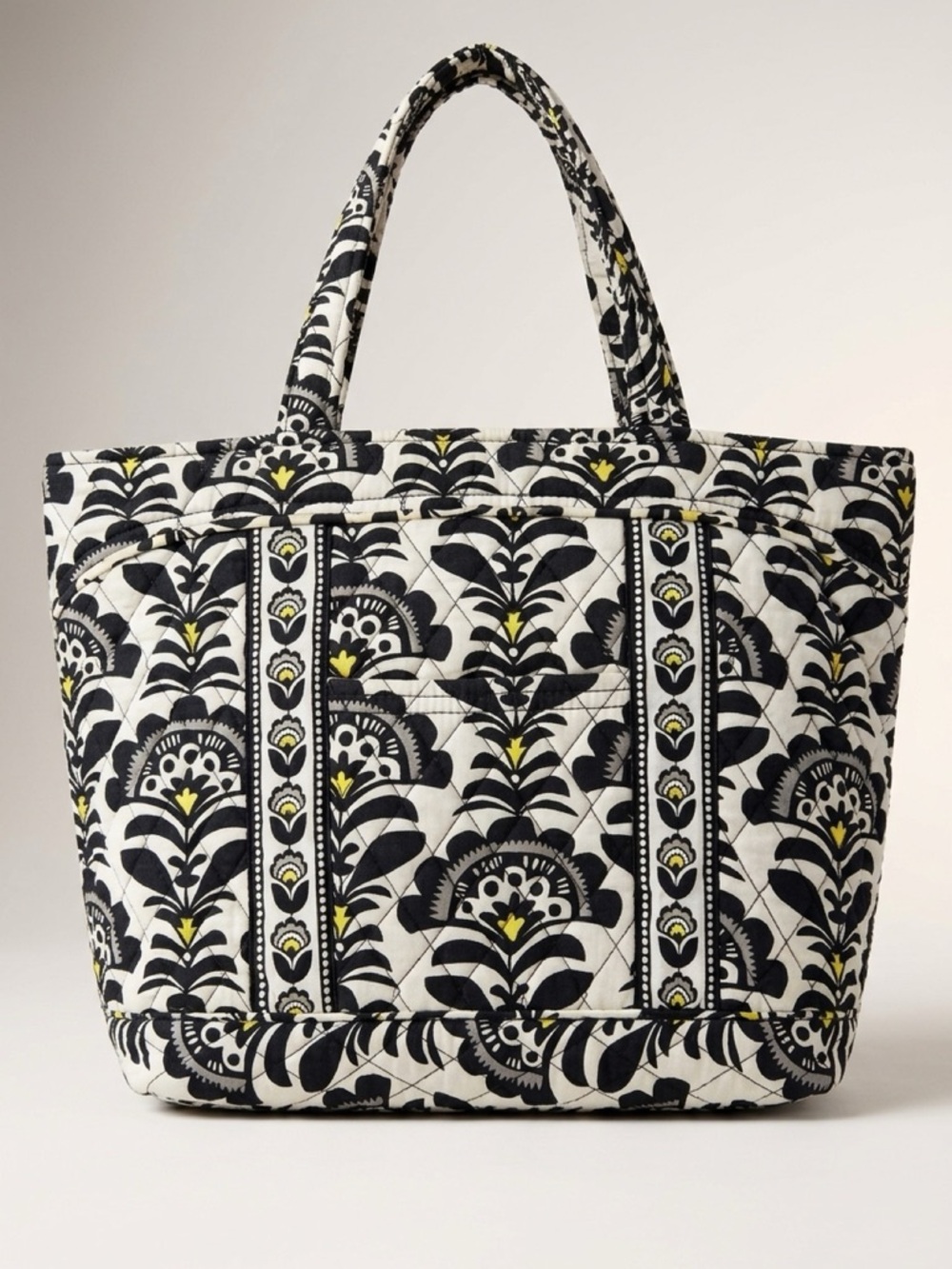 Vera Bradley fanfare Quilted Black & White Floral Tote Bag with Yellow Accents